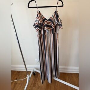 Striped Off-Shoulder Wide-Leg Jumpsuit in Navy & Rust